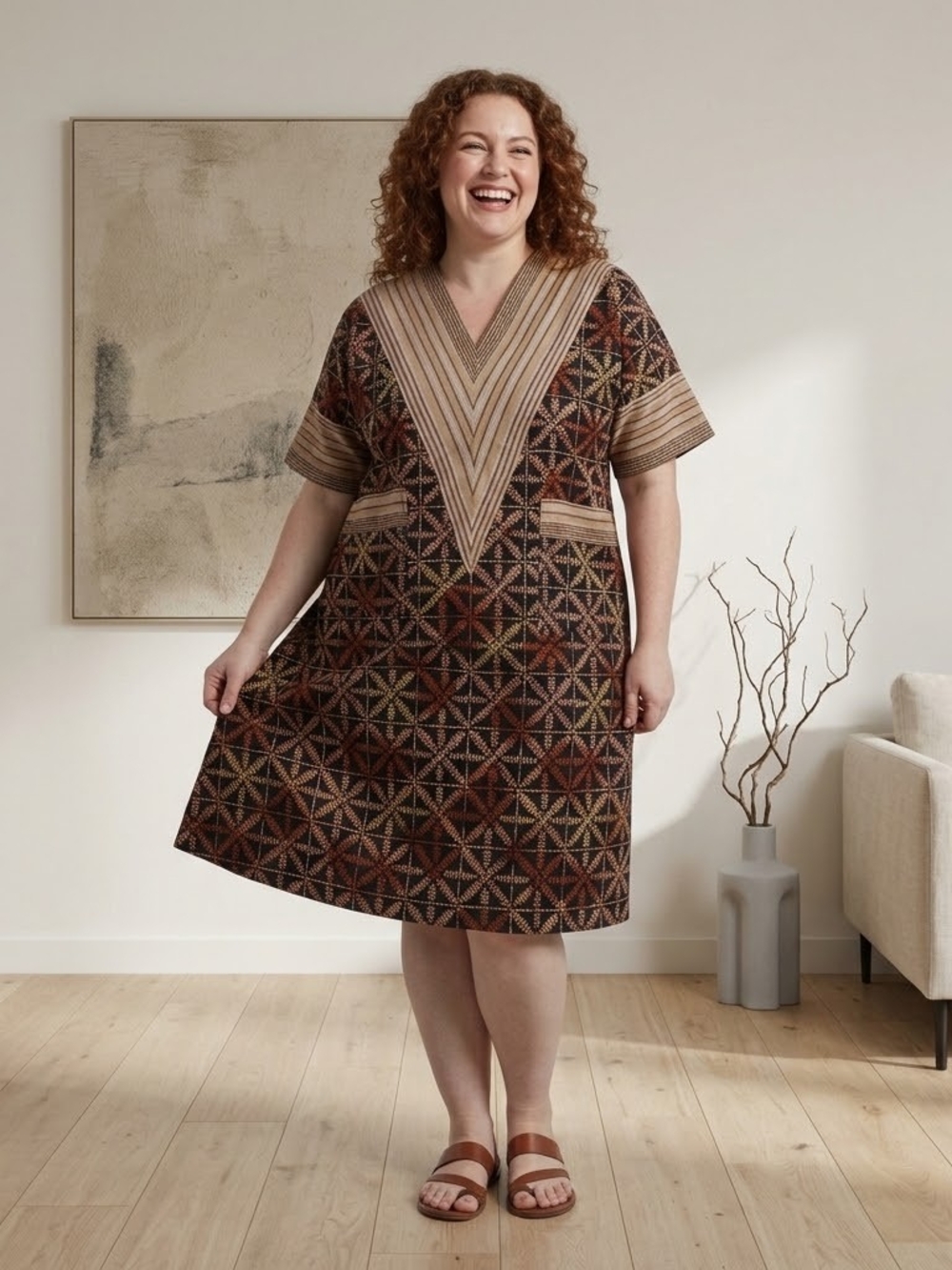 100% Cotton Knee Length DRESS African Kaftan Bubu w/Pockets Handmade 2XL NEW